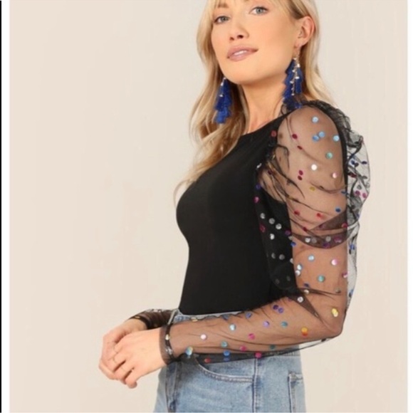 Black Top Mesh Dot Confetti Sequin Poof Sleeves Size Medium - Picture 1 of 4